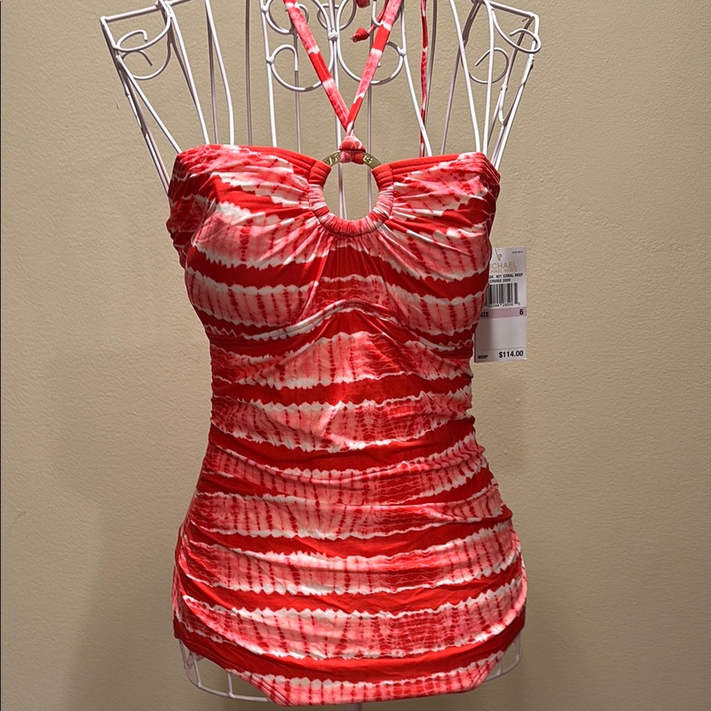 MICHAEL Michael Kors Red and White Tie-Dye Halter Top Reef Cruise MOVING SALE!